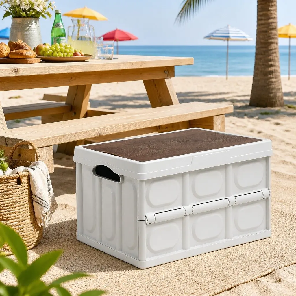 Collapsible Storage Box White 50L Stackable Folding Outdoor Organizer