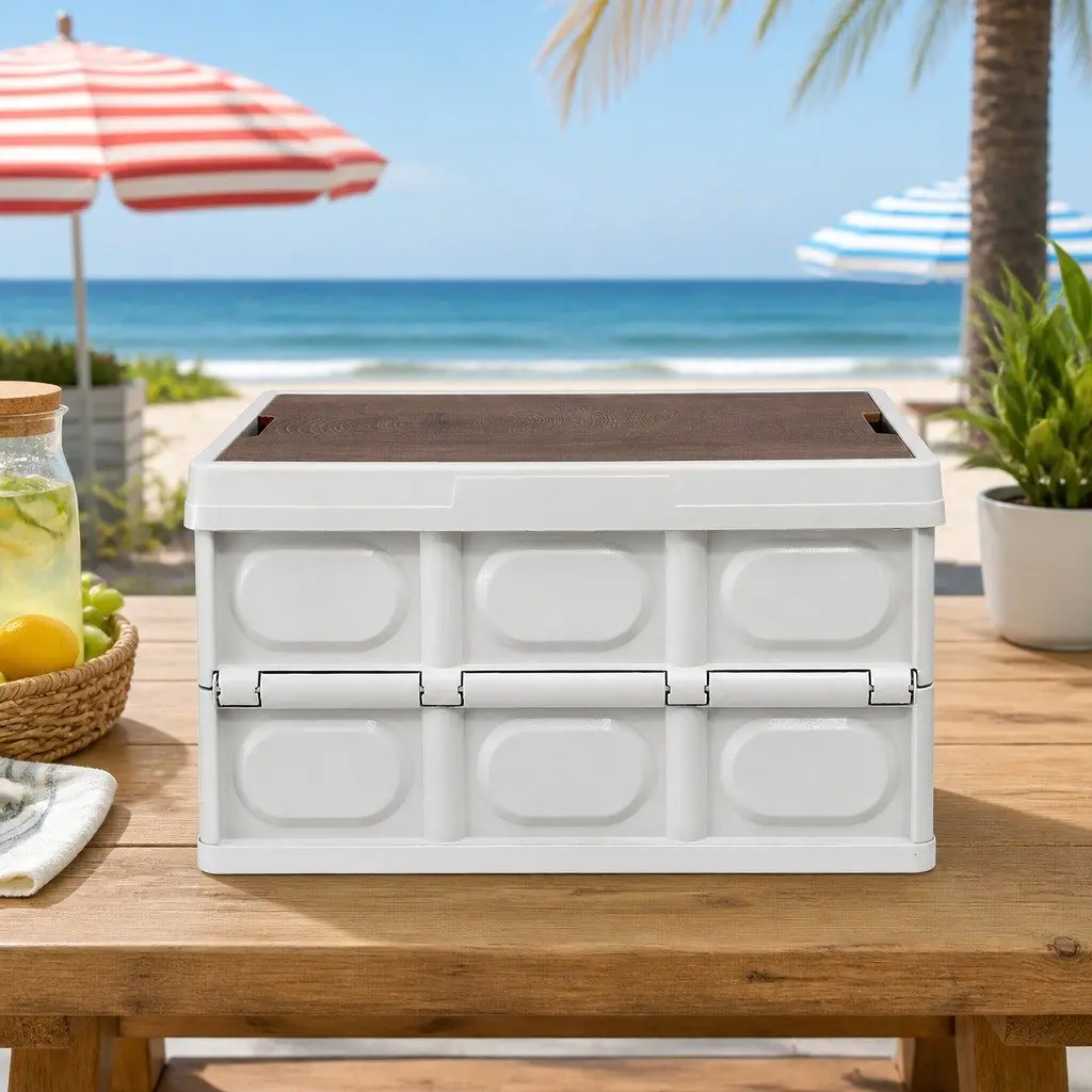 Collapsible Storage Box White 50L Stackable Folding Outdoor Organizer