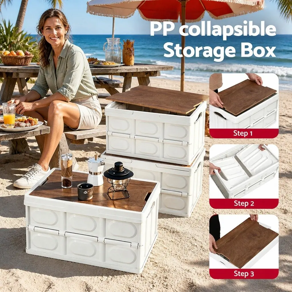 Collapsible Storage Box White 50L Stackable Folding Outdoor Organizer