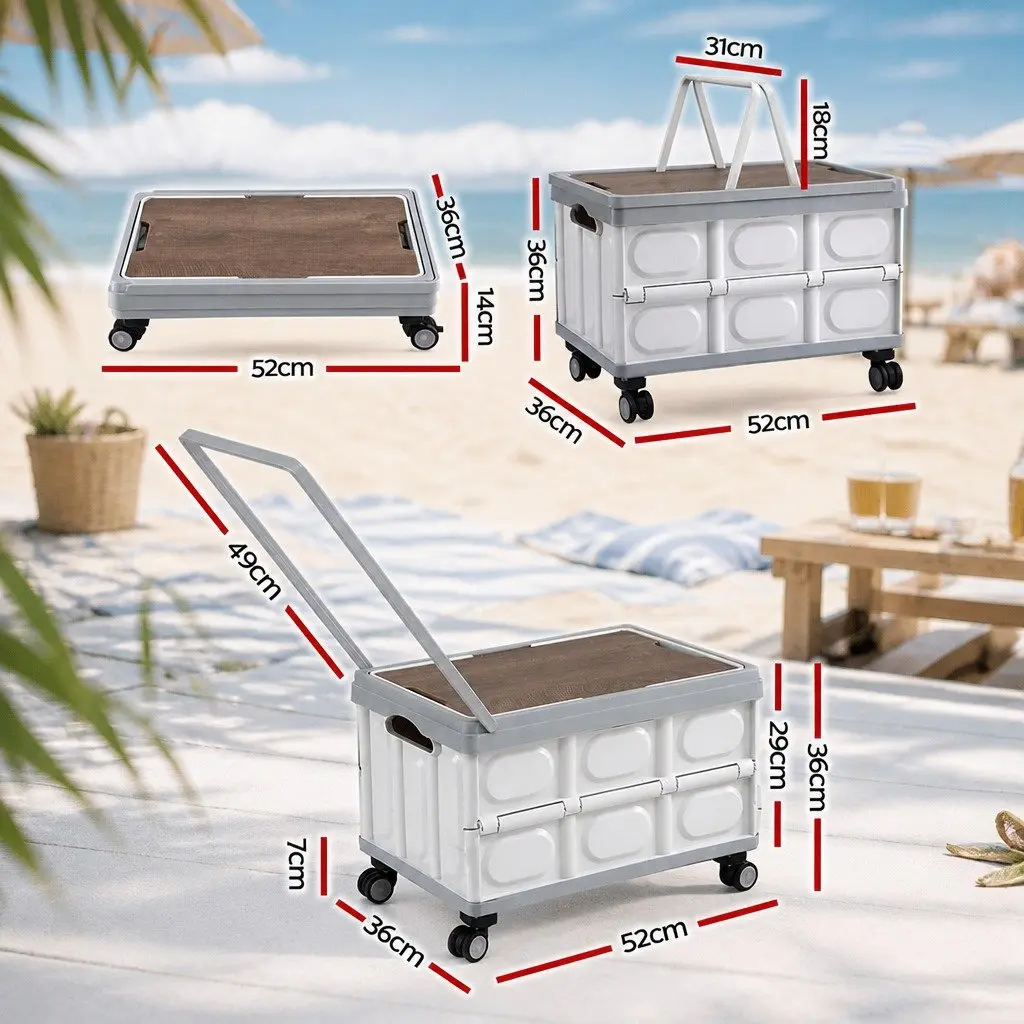 Collapsible Storage Box Beige 54L Stackable Folding Organizer with Wheels