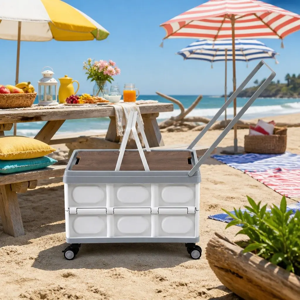 Collapsible Storage Box Beige 54L Stackable Folding Organizer with Wheels