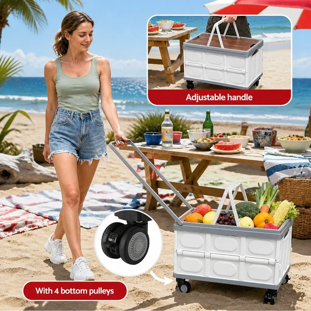 Collapsible Storage Box Beige 54L Stackable Folding Organizer with Wheels