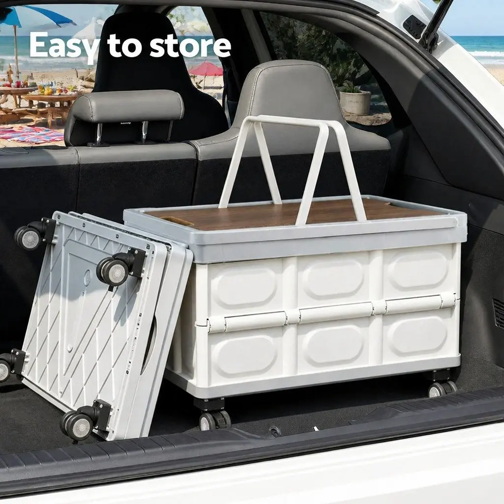 Collapsible Storage Box Beige 54L Stackable Folding Organizer with Wheels