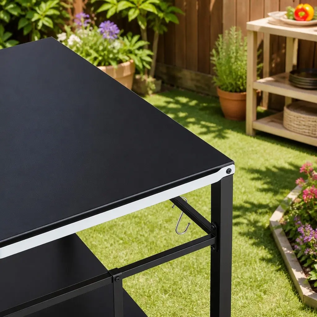 Outdoor BBQ Prep Cart Black Stainless Steel Mobile Kitchen Trolley with Wheels