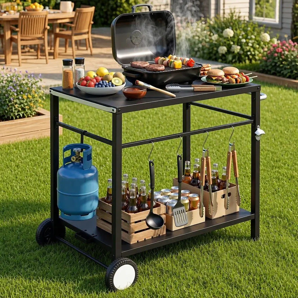 Outdoor BBQ Prep Cart Black Stainless Steel Mobile Kitchen Trolley with Wheels