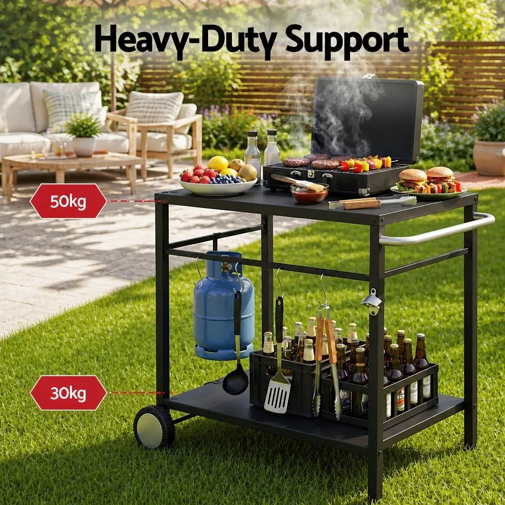 Outdoor BBQ Prep Cart Black Stainless Steel Mobile Kitchen Trolley with Wheels