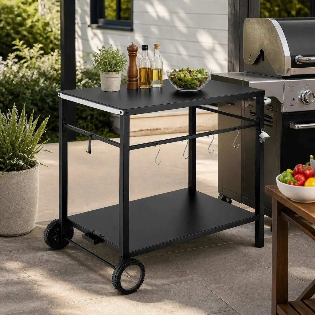 Outdoor BBQ Prep Cart Black Stainless Steel Mobile Kitchen Trolley with Wheels