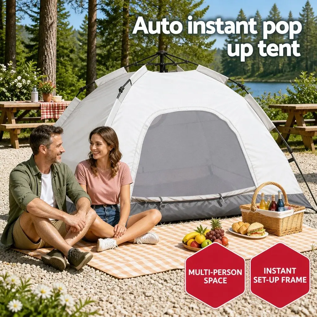 Camping Tent Beige 2 Person Instant Auto Setup Outdoor Hiking