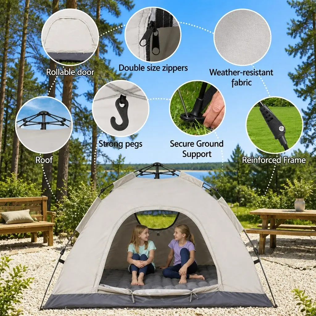 Camping Tent Beige 2 Person Instant Auto Setup Outdoor Hiking