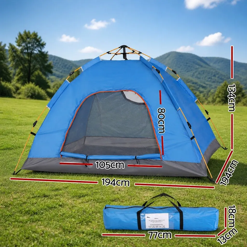 Camping Tent Blue 2 to 3 Person Auto Instant Pop Up Outdoor Hiking