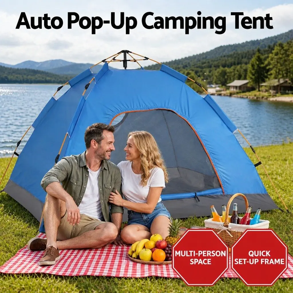 Camping Tent Blue 2 to 3 Person Auto Instant Pop Up Outdoor Hiking