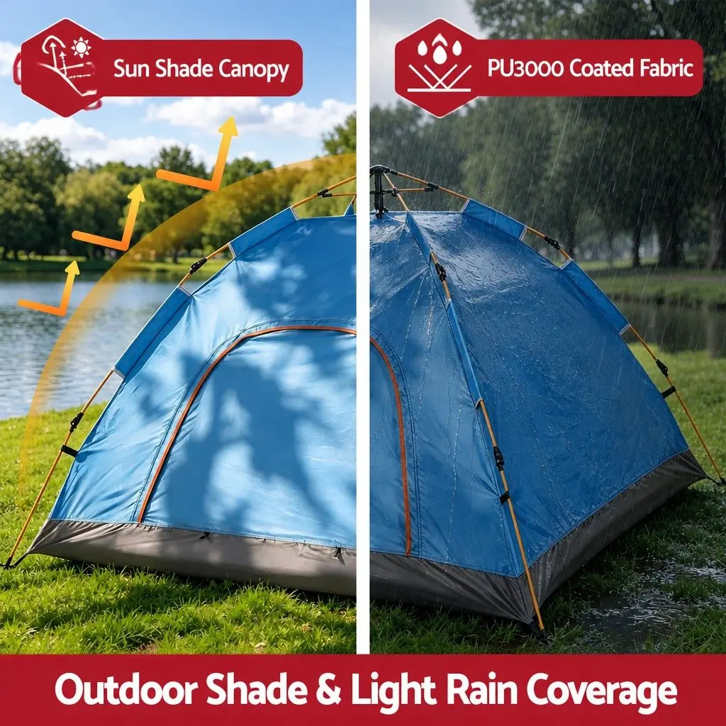 Camping Tent Blue 2 to 3 Person Auto Instant Pop Up Outdoor Hiking