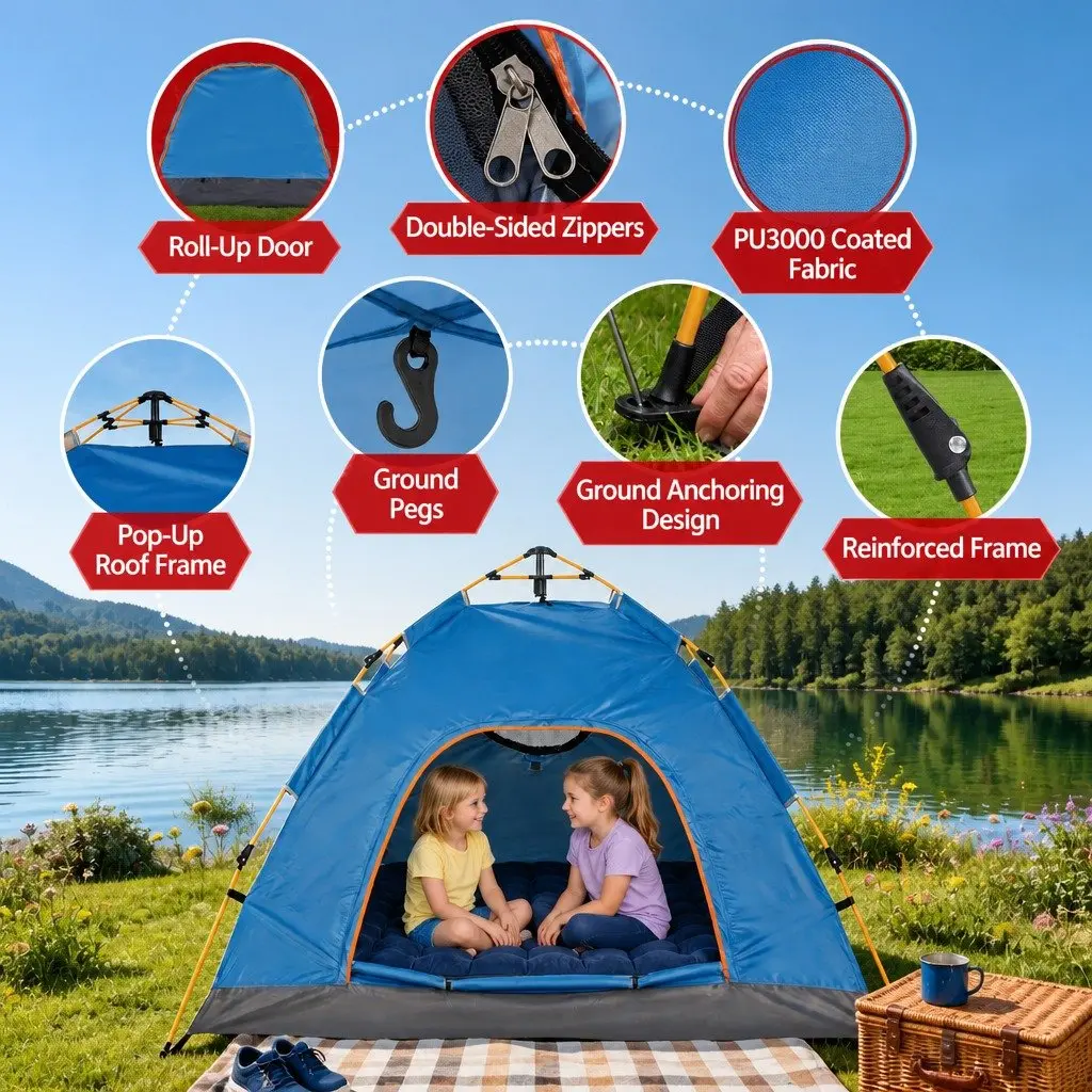 Camping Tent Blue 2 to 3 Person Auto Instant Pop Up Outdoor Hiking
