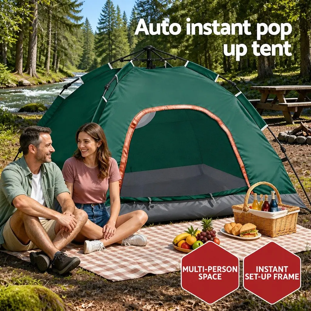 Camping Tent Green 2-3 Person Auto Pop Up Instant Setup Outdoor Hiking