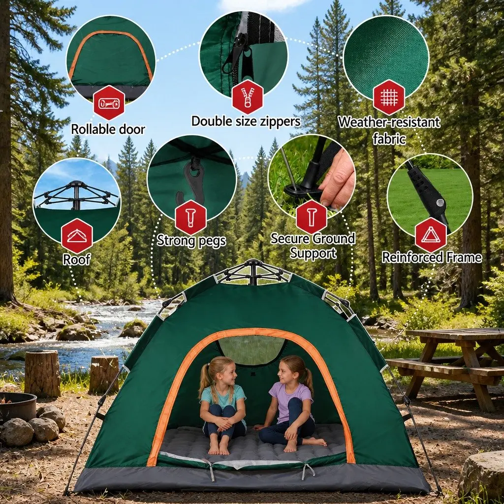 Camping Tent Green 2-3 Person Auto Pop Up Instant Setup Outdoor Hiking