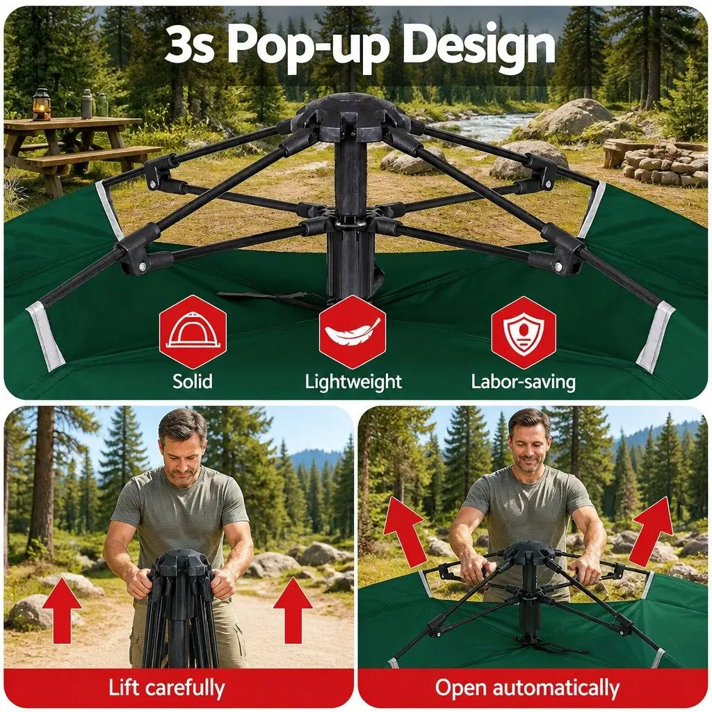 Camping Tent Green 2-3 Person Auto Pop Up Instant Setup Outdoor Hiking