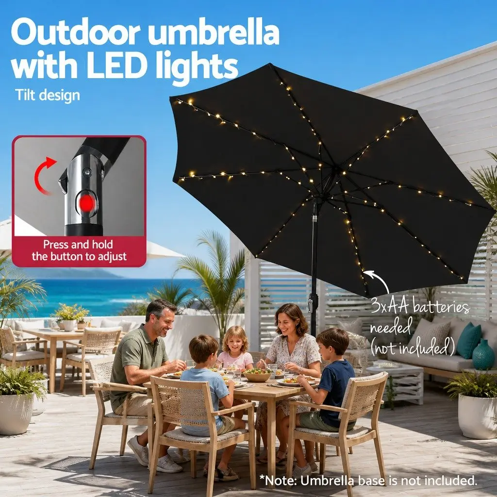 Outdoor Umbrella Black 2.9m LED String Lights Tilt Patio Garden