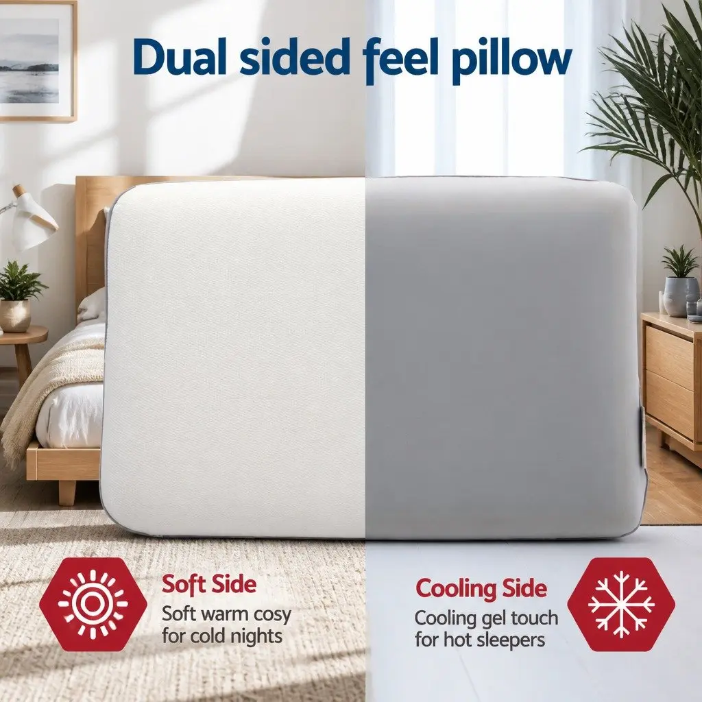 Memory Foam Pillow White or Grey 65x40x14cm Dual-Sided Cooling Neck Support