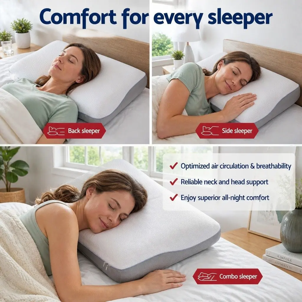 Memory Foam Pillow White or Grey 65x40x14cm Dual-Sided Cooling Neck Support