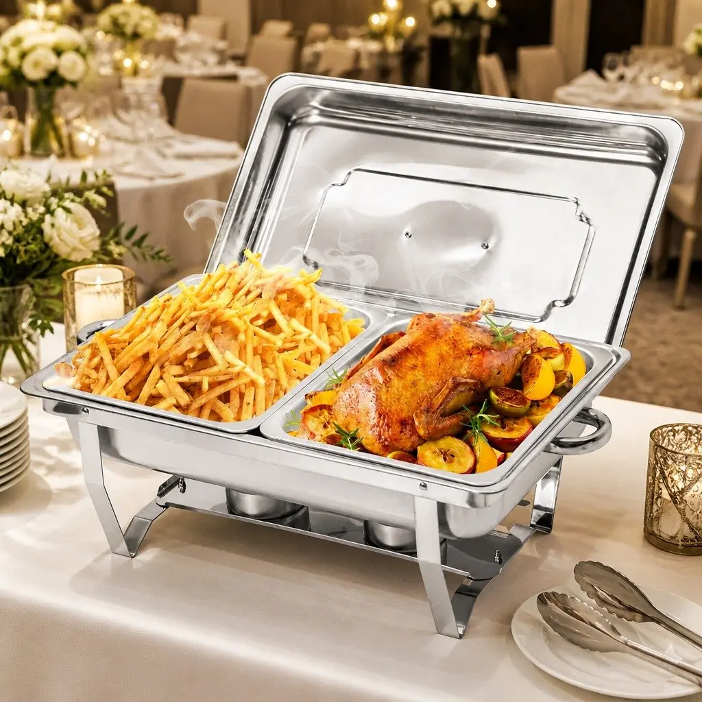 Chafing Dish Set Stainless Steel 9L Bain Marie Food Warmer with Foldable Frame and Two 4.5L Pans for Catering Buffets and Home Use