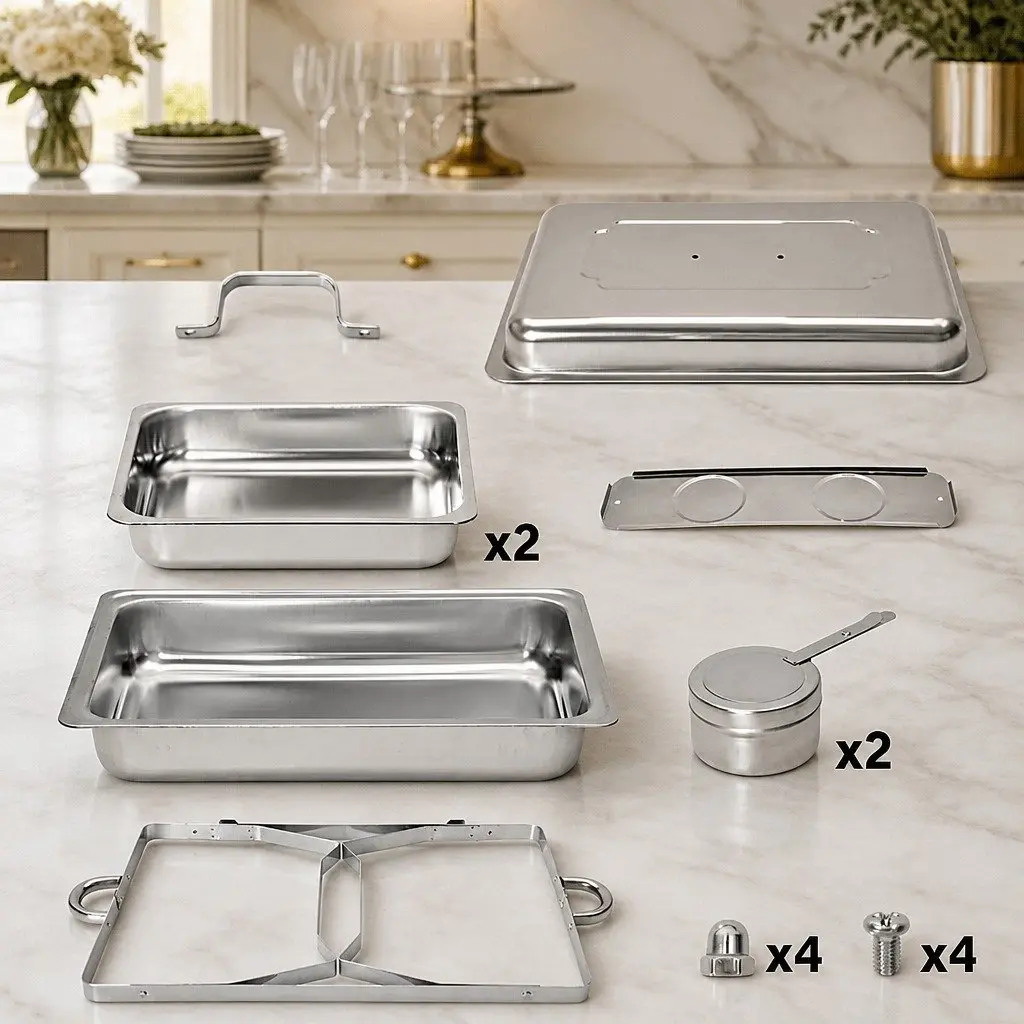 Chafing Dish Set Stainless Steel 9L Bain Marie Food Warmer with Foldable Frame and Two 4.5L Pans for Catering Buffets and Home Use