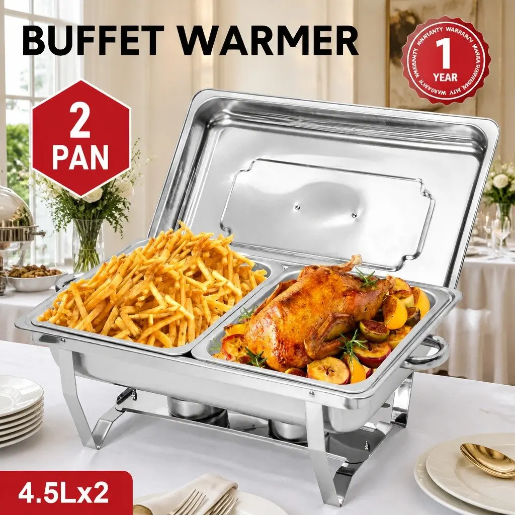Chafing Dish Set Stainless Steel 9L Bain Marie Food Warmer with Foldable Frame and Two 4.5L Pans for Catering Buffets and Home Use
