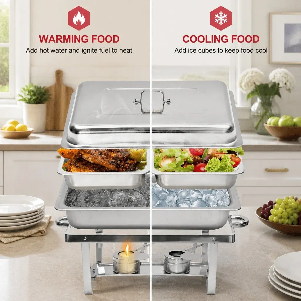 Chafing Dish Set Stainless Steel 9L Bain Marie Food Warmer with Foldable Frame and Two 4.5L Pans for Catering Buffets and Home Use