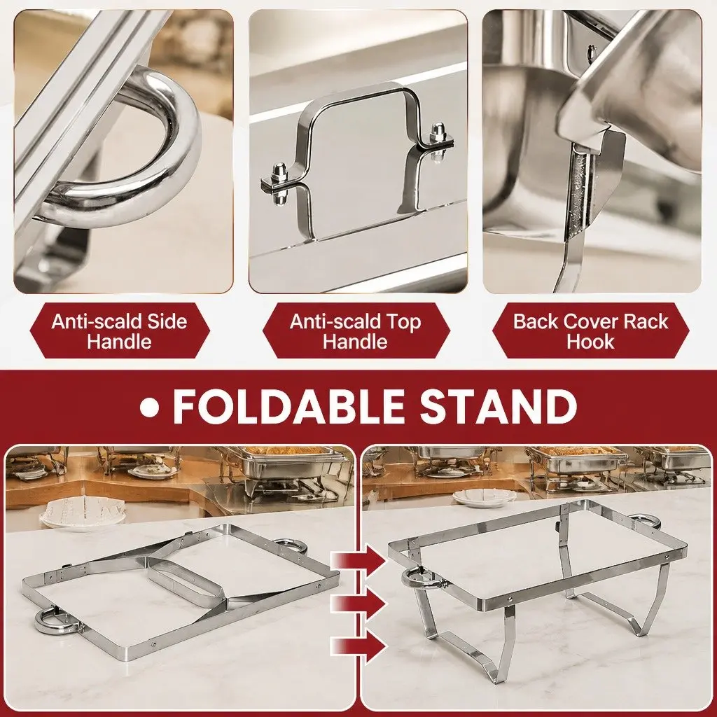 Chafing Dish Set Stainless Steel 9L Bain Marie Food Warmer with Foldable Frame and Two 4.5L Pans for Catering Buffets and Home Use