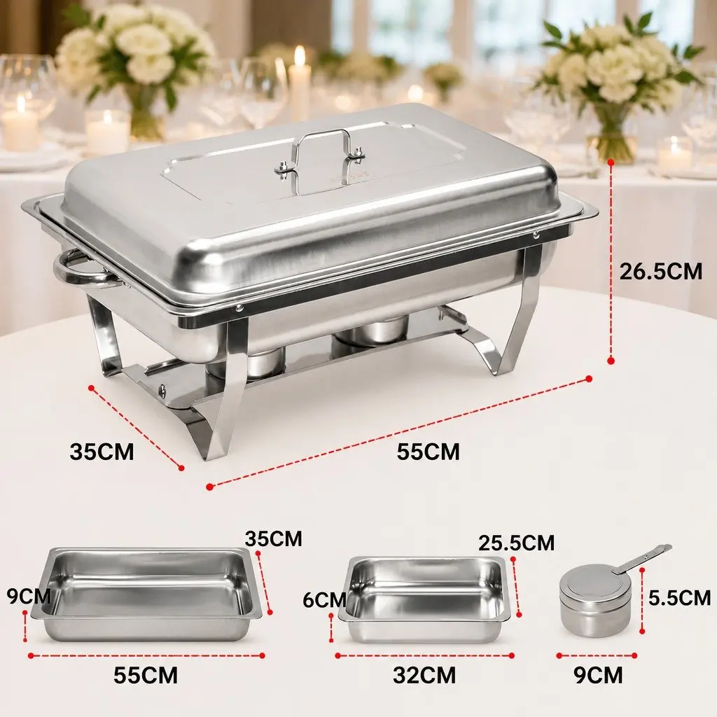 Chafing Dish Set Stainless Steel 9L Bain Marie Food Warmer with Foldable Frame and Two 4.5L Pans for Catering Buffets and Home Use