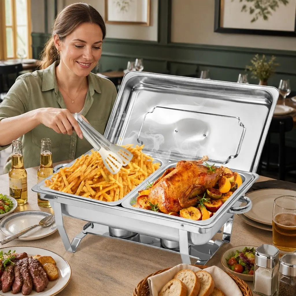 Chafing Dish Set Stainless Steel 9L Bain Marie Food Warmer with Foldable Frame and Two 4.5L Pans for Catering Buffets and Home Use