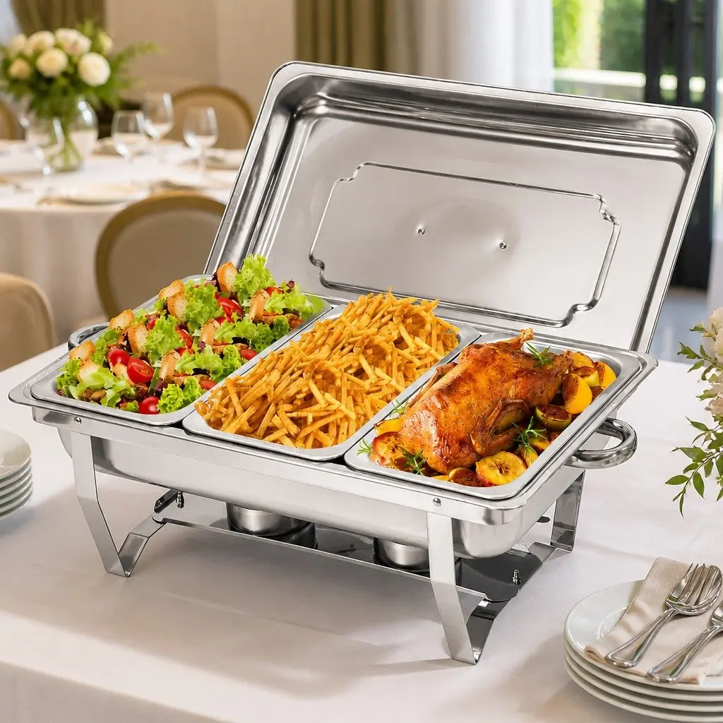 Chafing Dish Set Silver 3x3L Stainless Steel Bain Marie Buffet Warmer Food Server