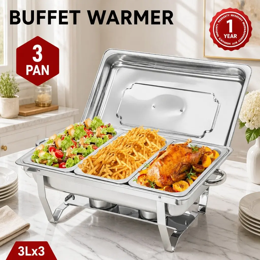 Chafing Dish Set Silver 3x3L Stainless Steel Bain Marie Buffet Warmer Food Server