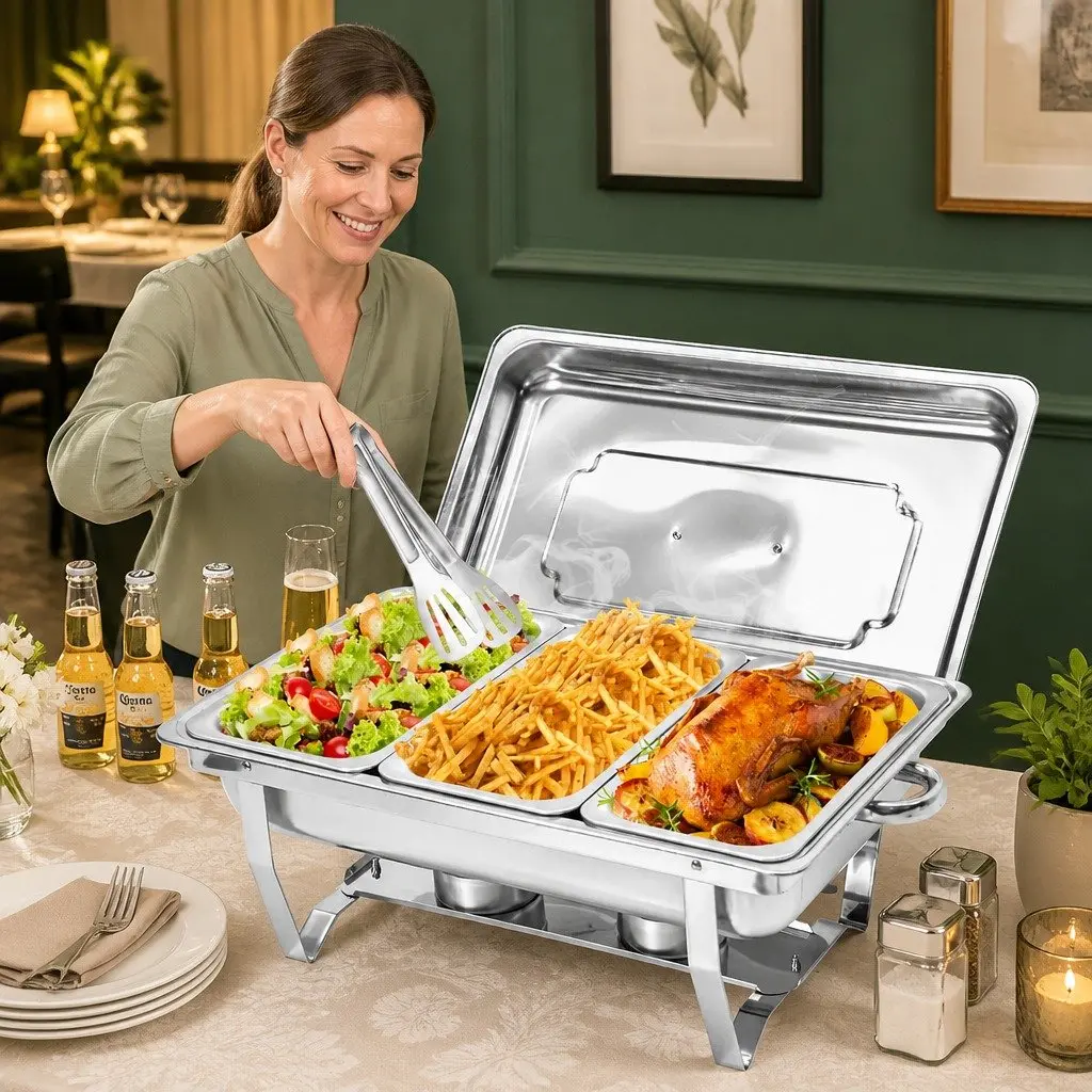 Chafing Dish Set Silver 3x3L Stainless Steel Bain Marie Buffet Warmer Food Server
