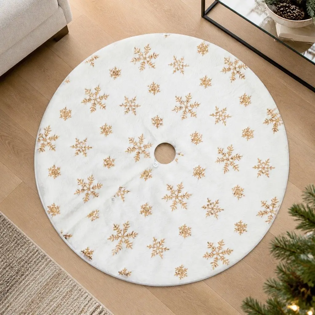 Christmas Tree Skirt 90cm Sequin Snowflake Decoration Xmas Holiday Home Decor