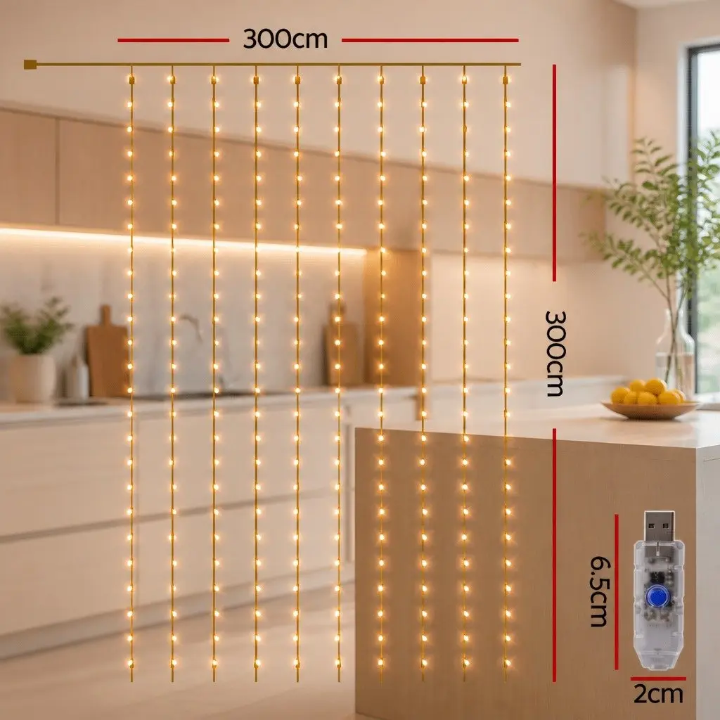 300 LED Warm White Curtain String Lights 3M X 3M Indoor Outdoor with Eight Lighting Modes and USB Controller