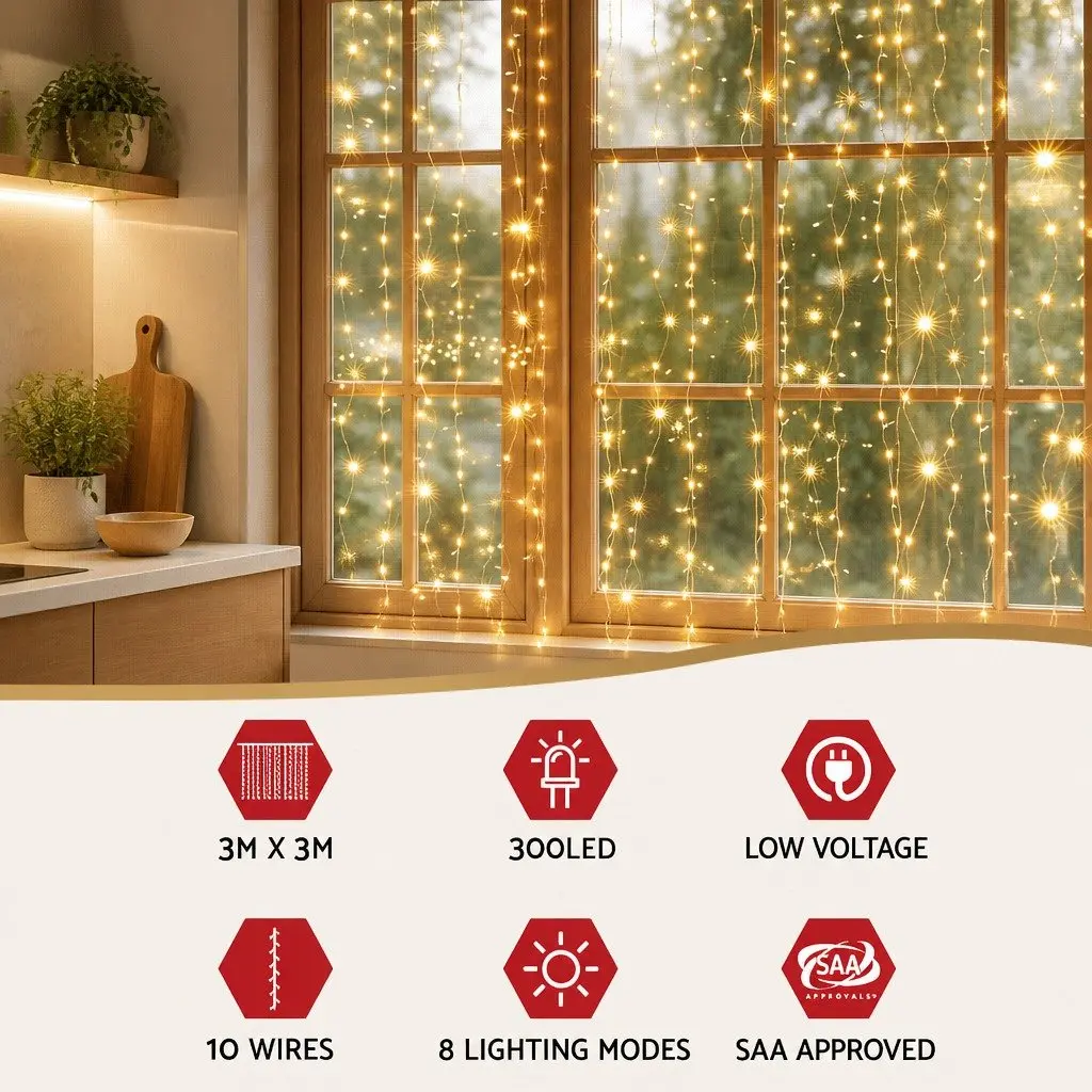 300 LED Warm White Curtain String Lights 3M X 3M Indoor Outdoor with Eight Lighting Modes and USB Controller