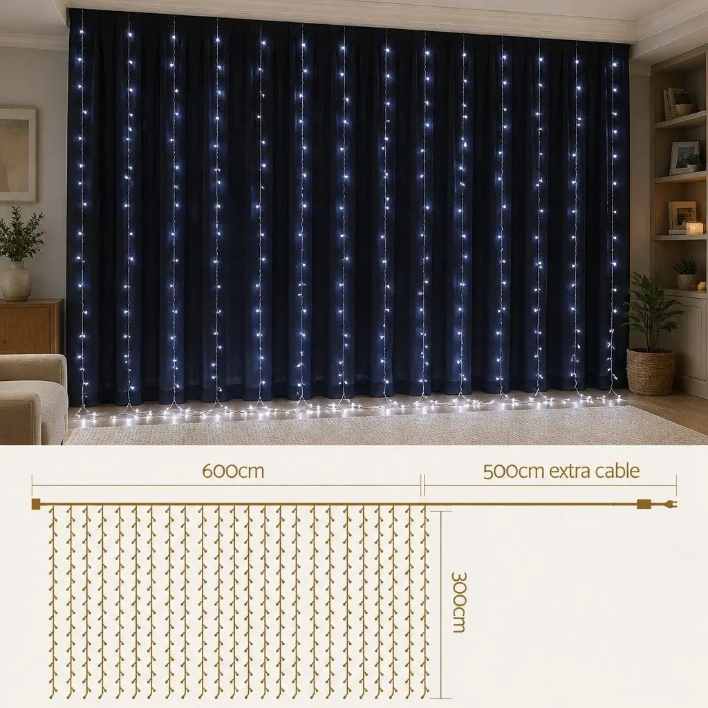Curtain Lights Cool White 6x3M 600 LED Outdoor Light Eight Lighting Modes