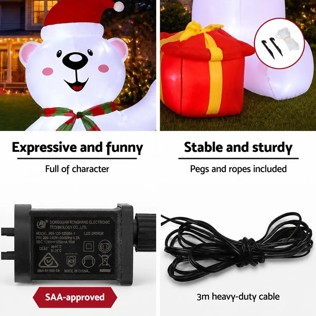 Christmas Inflatable Bear 1.8M LED Outdoor Indoor Decorations Multicolour Lights