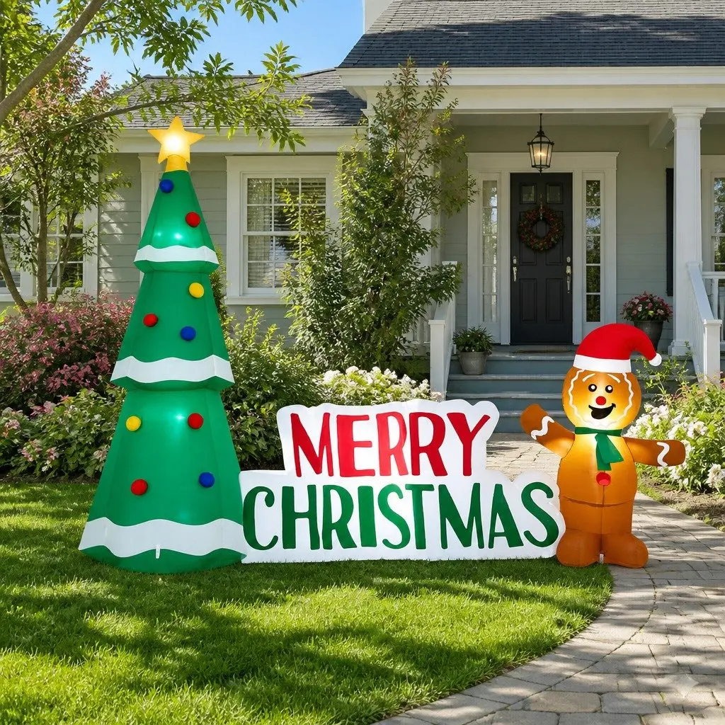 Christmas Inflatable Multicolour 2.4m Gingerbread Man Tree with LED Lights for Outdoor Garden