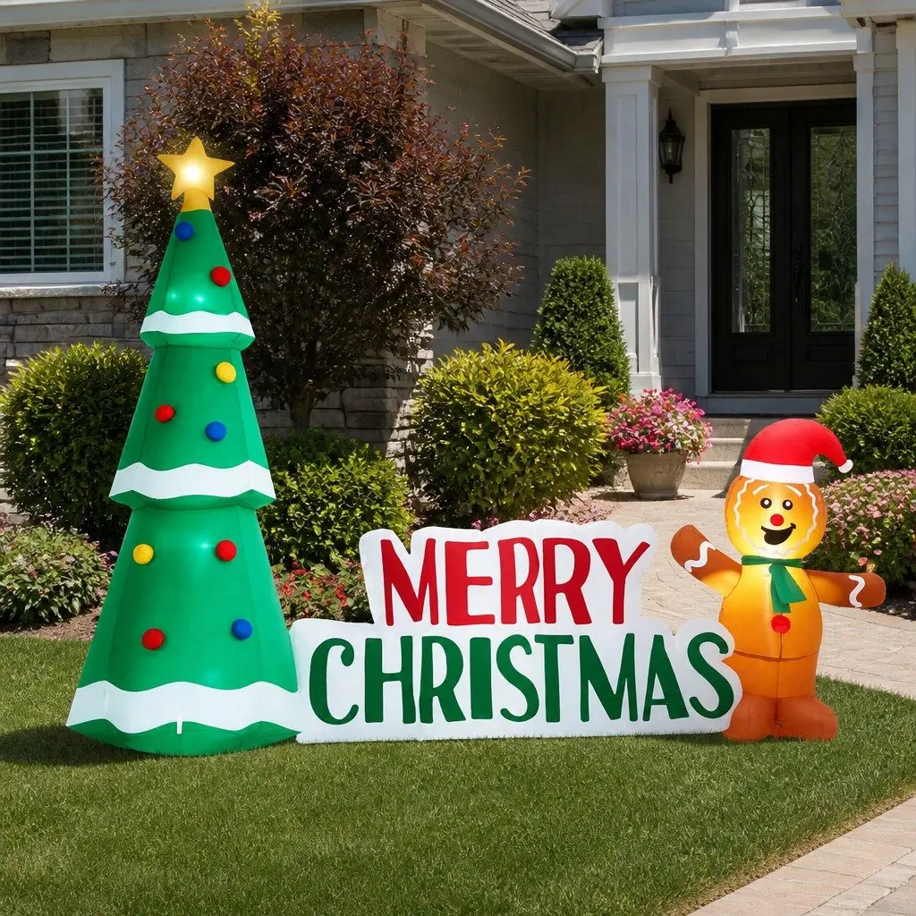 Christmas Inflatable Multicolour 2.4m Gingerbread Man Tree with LED Lights for Outdoor Garden