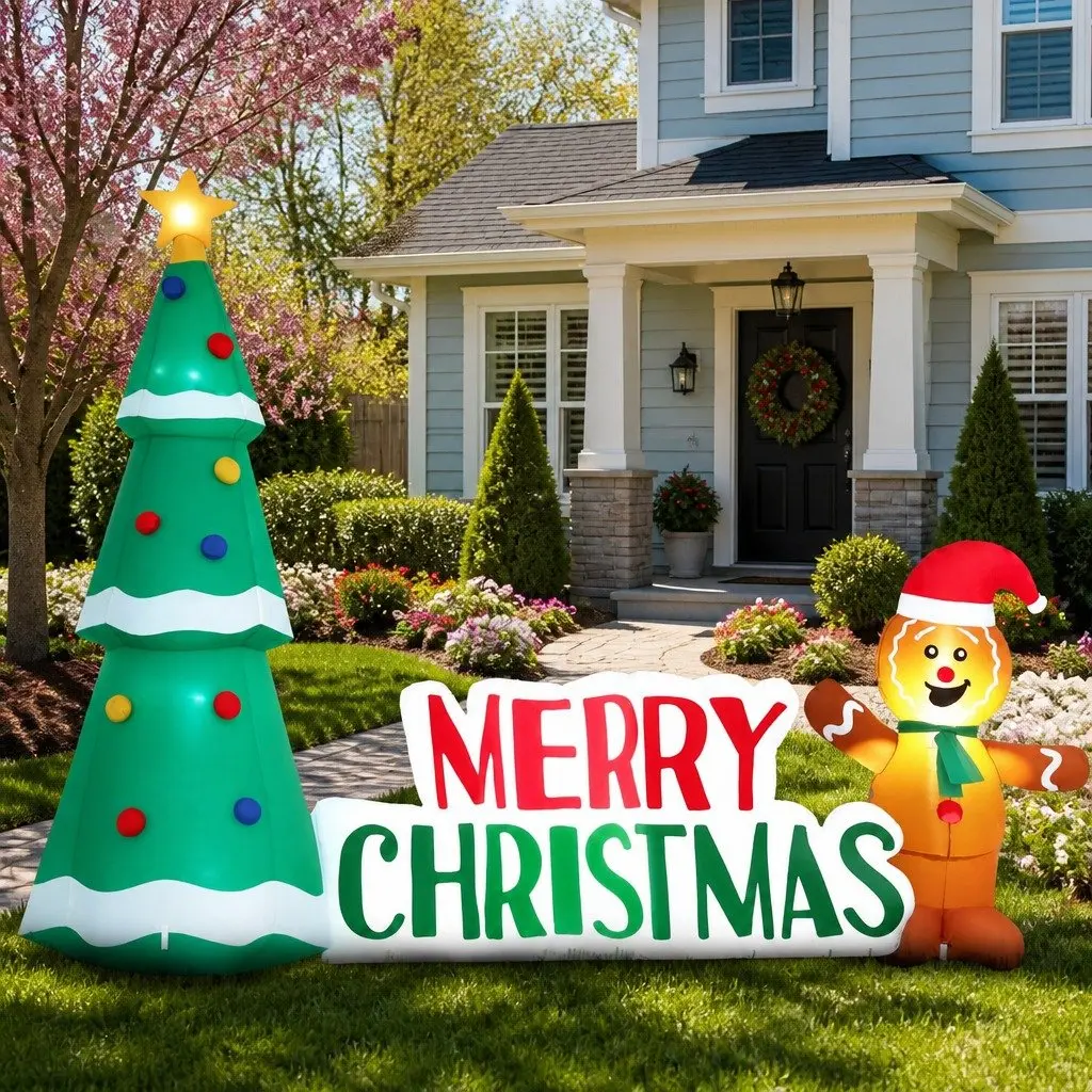 Christmas Inflatable Multicolour 2.4m Gingerbread Man Tree with LED Lights for Outdoor Garden