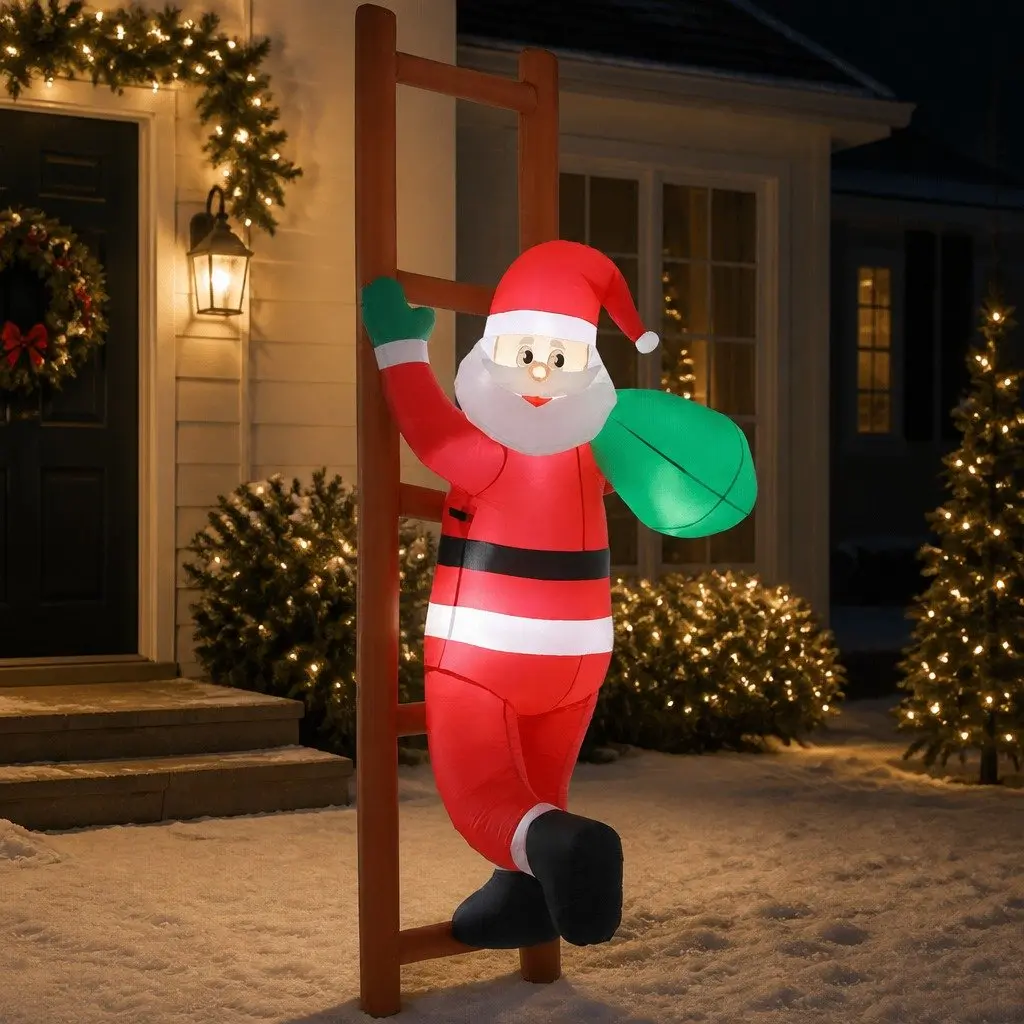 Christmas Inflatable Multicolour Santa Climbing Ladder 2.45M LED Illuminated Indoor Outdoor