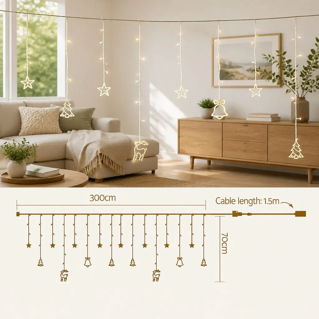 LED Icicle Lights Warm White 3M 138 Bulbs 8 Lighting Modes Indoor Outdoor Christmas Decoration