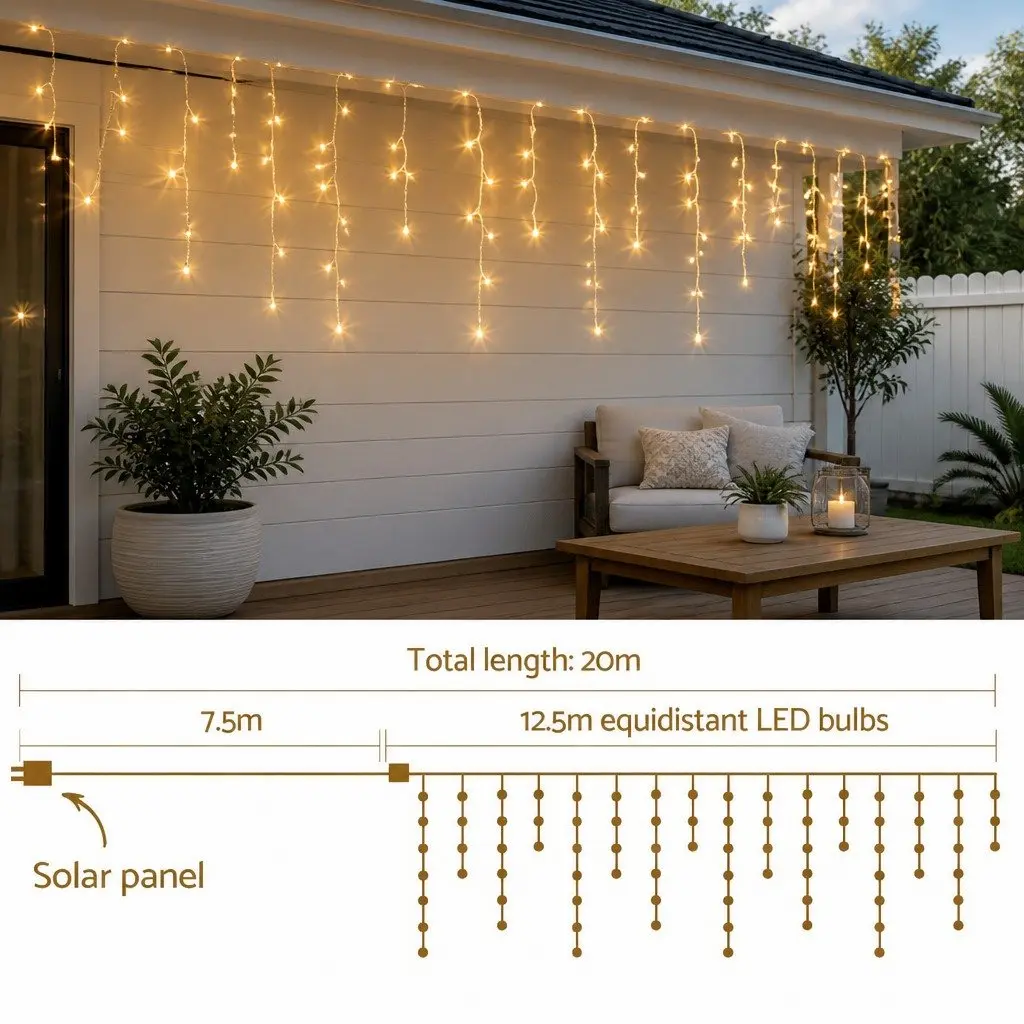 Solar Icicle String Lights 12.5M Warm White LED 100 Drops Outdoor Christmas