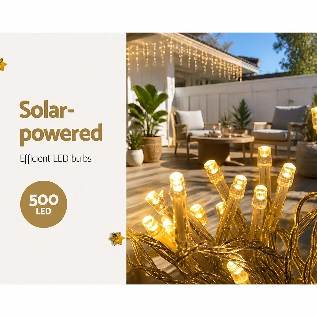 Solar Icicle String Lights 12.5M Warm White LED 100 Drops Outdoor Christmas