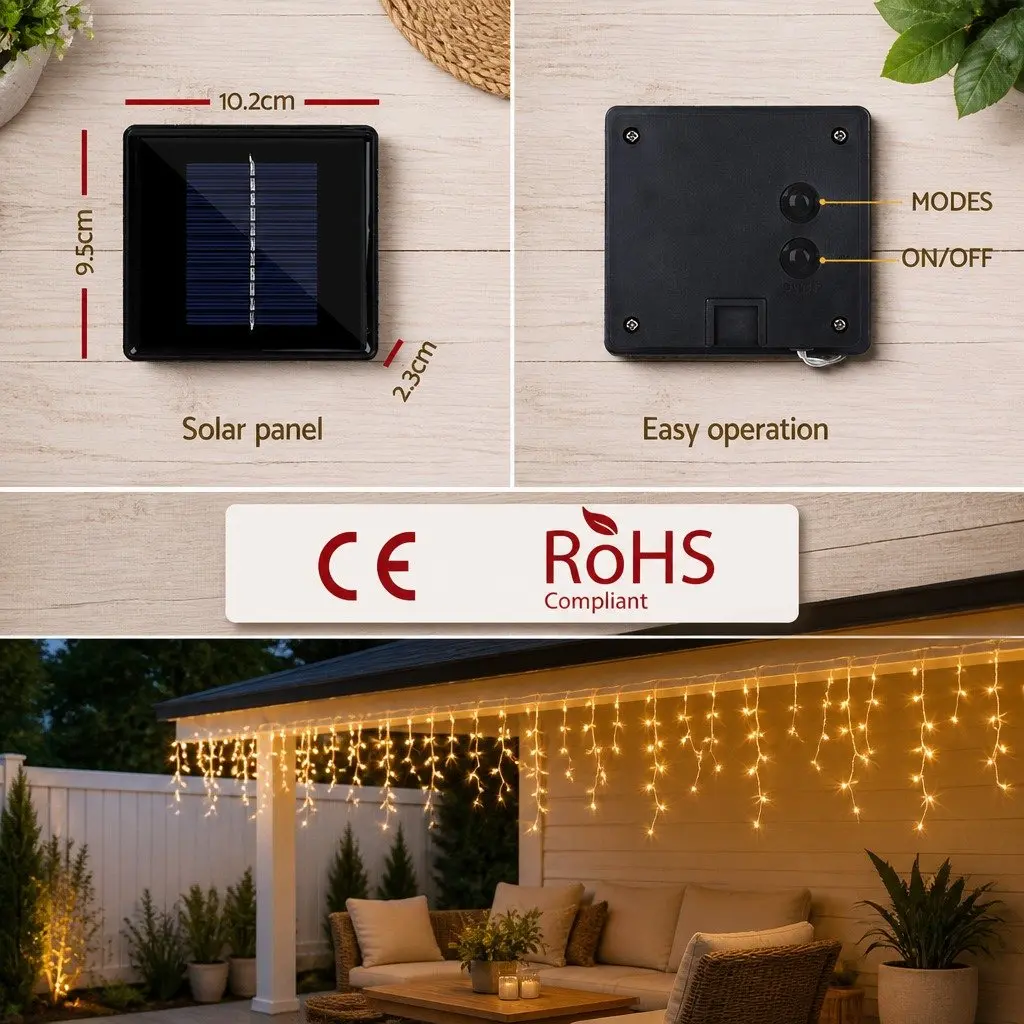 Solar Icicle String Lights 12.5M Warm White LED 100 Drops Outdoor Christmas