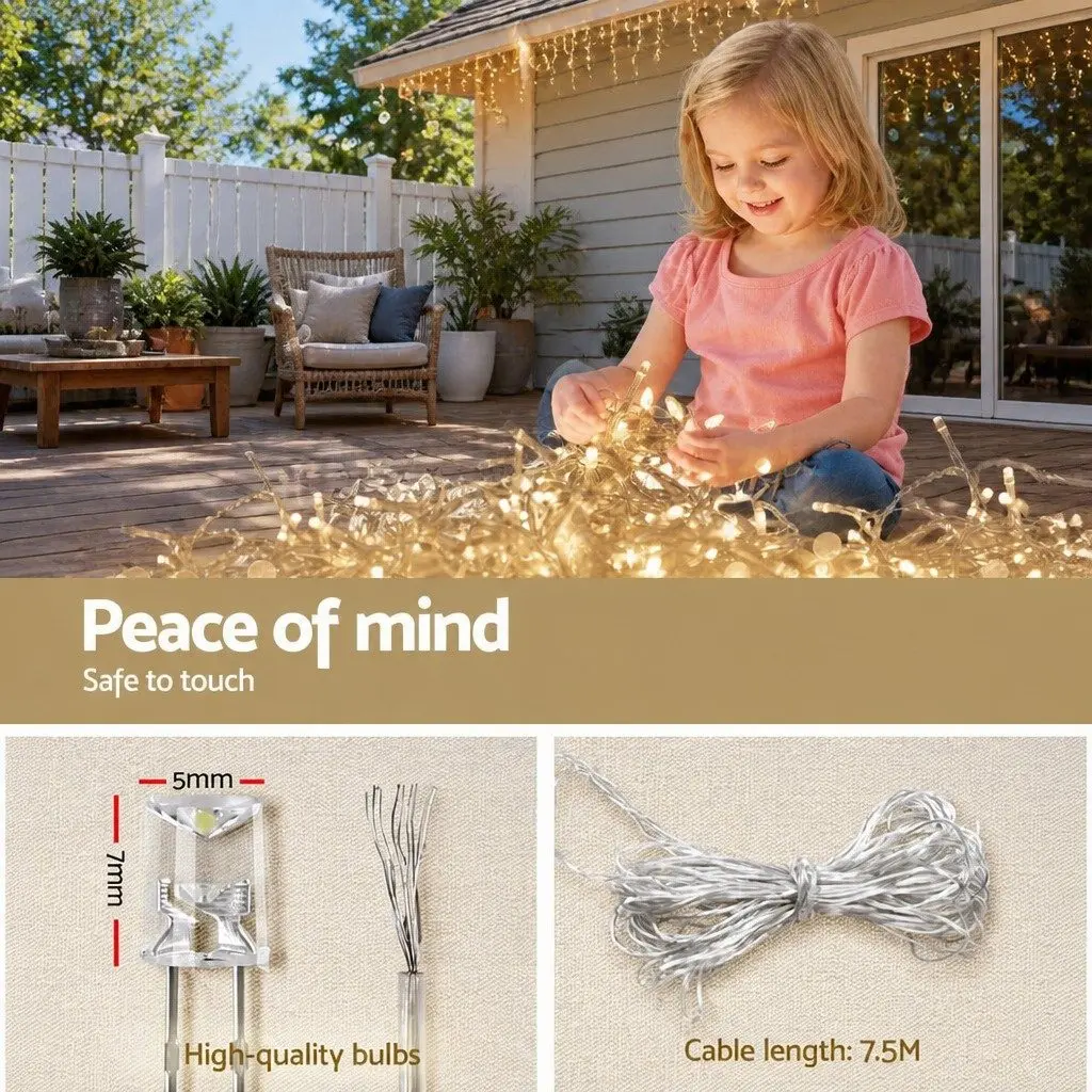 Solar Icicle String Lights 12.5M Warm White LED 100 Drops Outdoor Christmas