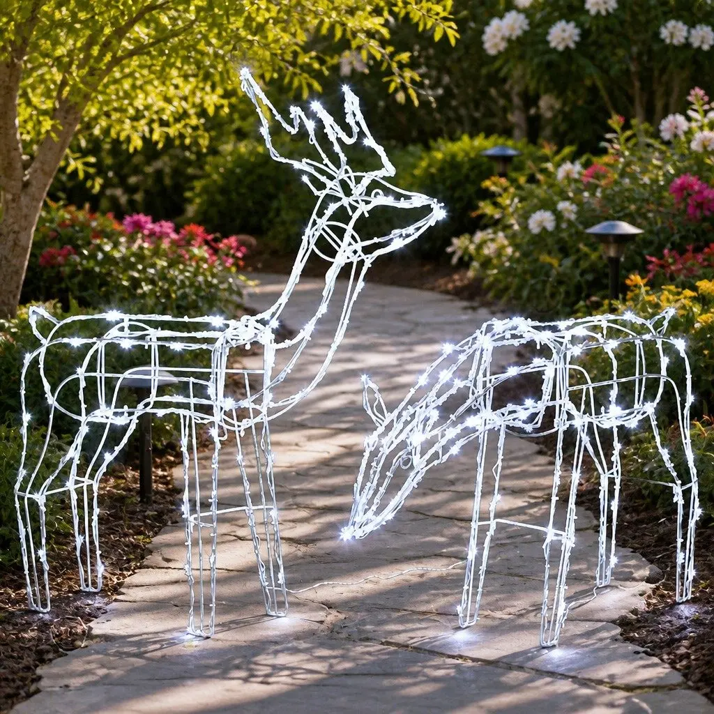 2 Piece Reindeer Christmas LED Lights Cool White 3D Figures Multiple Lighting Modes