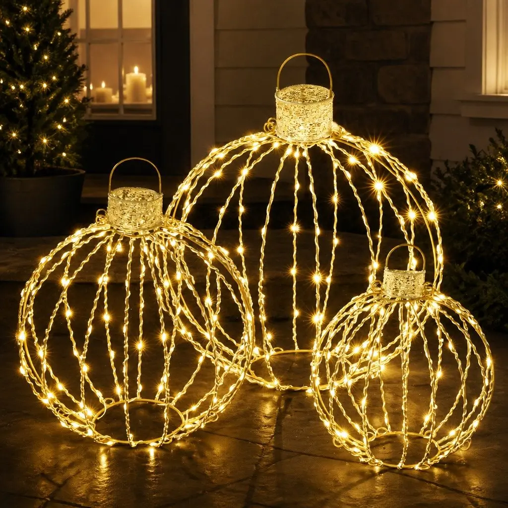 Christmas Light Set Gold 320 LED Warm White Indoor Outdoor 3 Ball Decorations