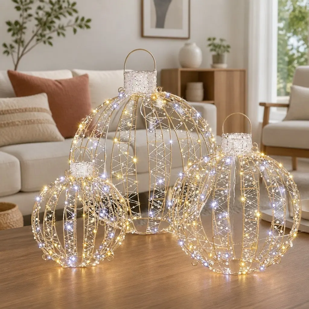 3 Piece Christmas Lights Warm White LED 360 Ball Outdoor Indoor Decorations